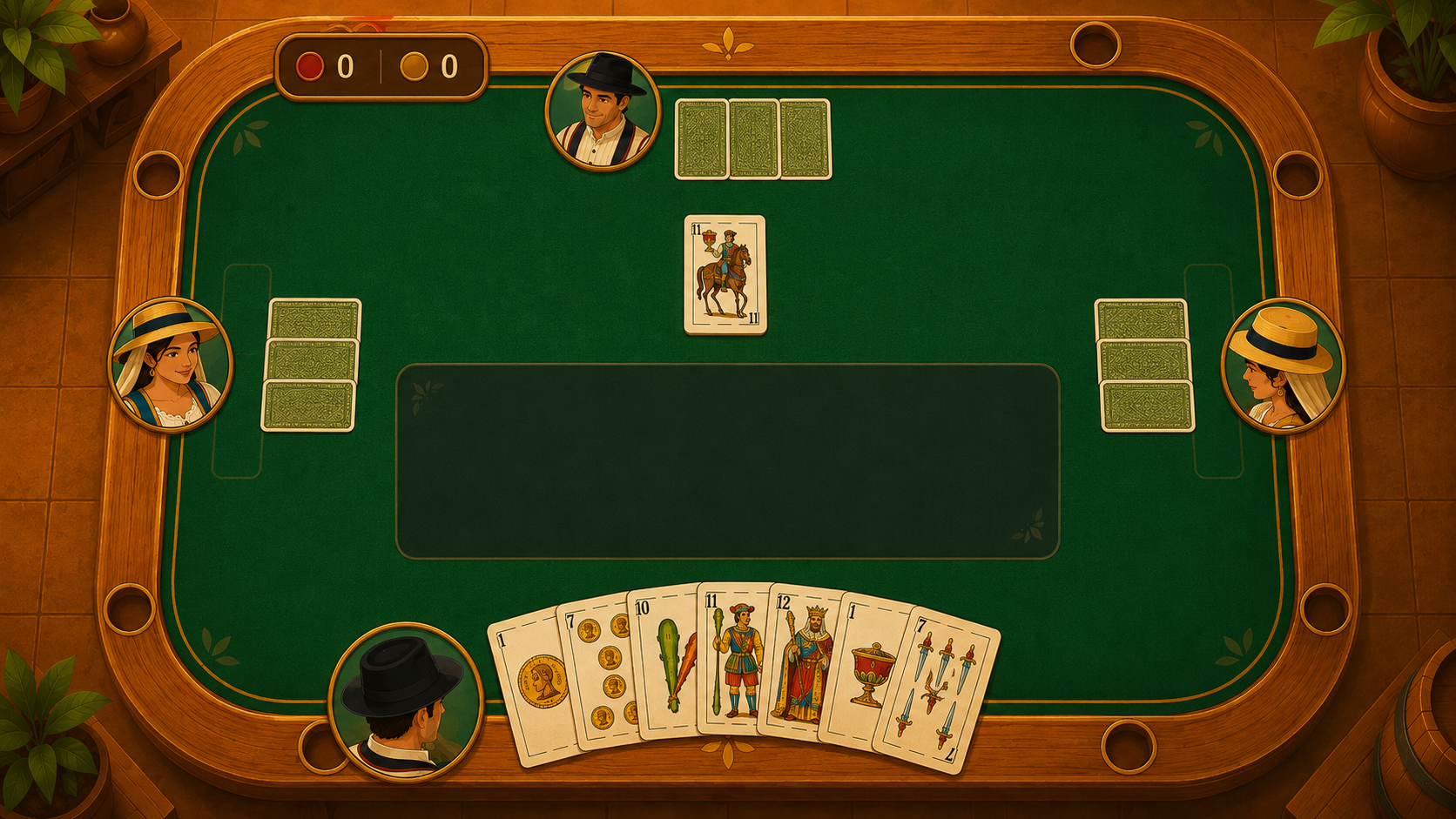 Visión horizontal de la mesa de Envite Canario con jugadores, cartas y zona central de decisiones